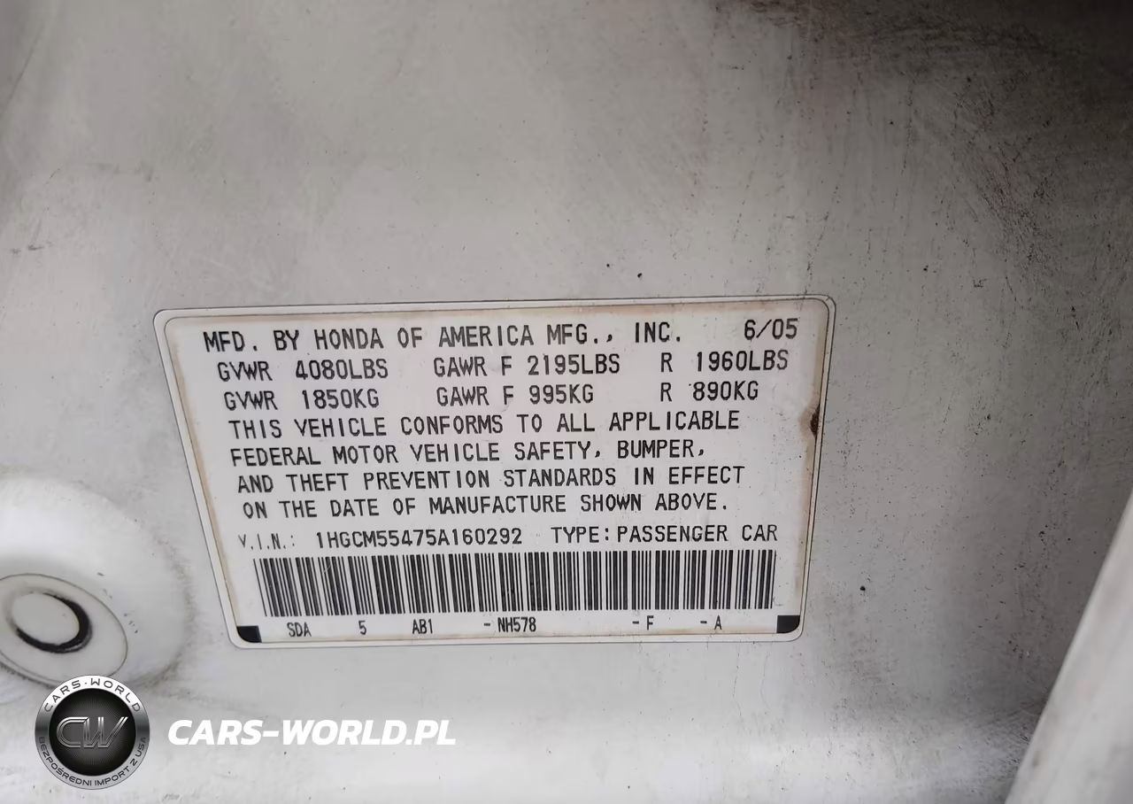 2005 Honda Accord 2.4 Lx VIN:1HGCM55475A160292 - 9
