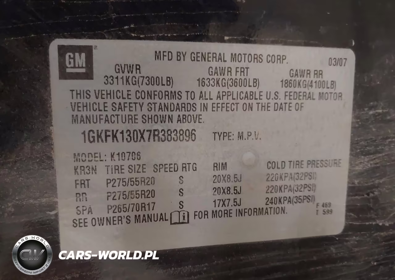 2007 GMC Yukon Slt VIN:1GKFK130X7R383896 - 9