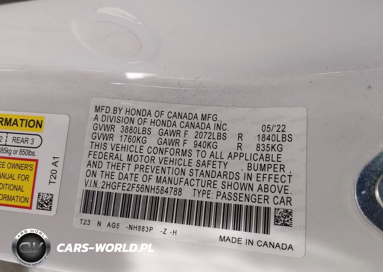 2022 Honda Civic Sport VIN:2HGFE2F56NH584788 - 9