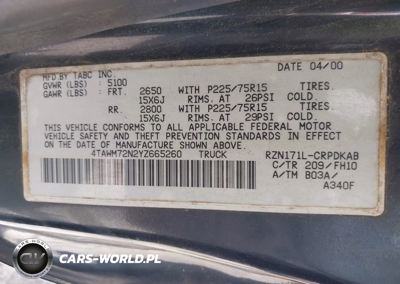 2000 Toyota Tacoma VIN:4TAWM72N2YZ665260 - 9