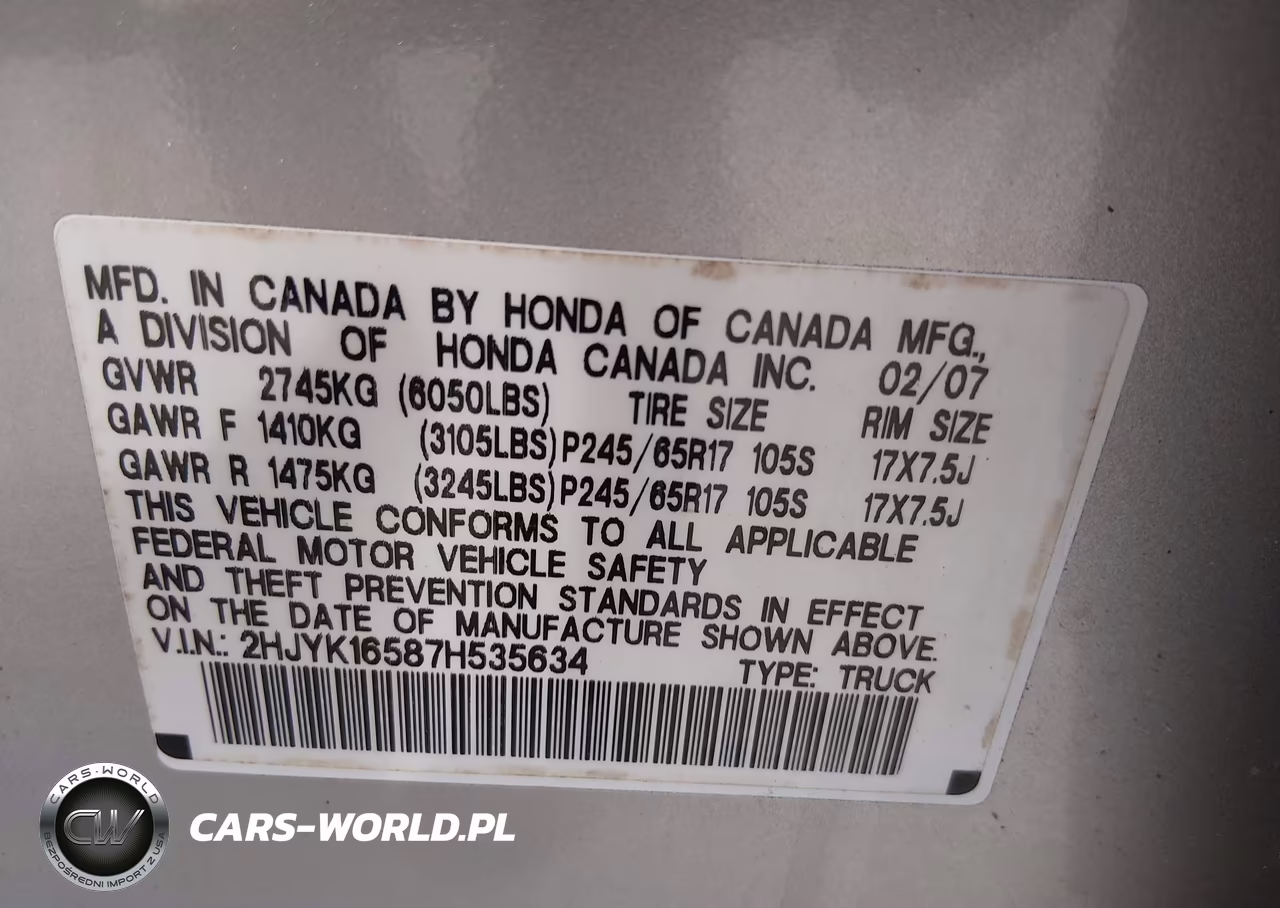 2007 Honda Ridgeline Rtl VIN:2HJYK16587H535634 - 9