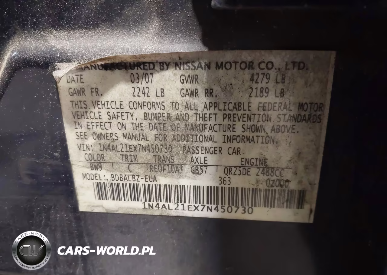 2007 Nissan Altima 2.5 S VIN:1N4AL21EX7N450730 - 9