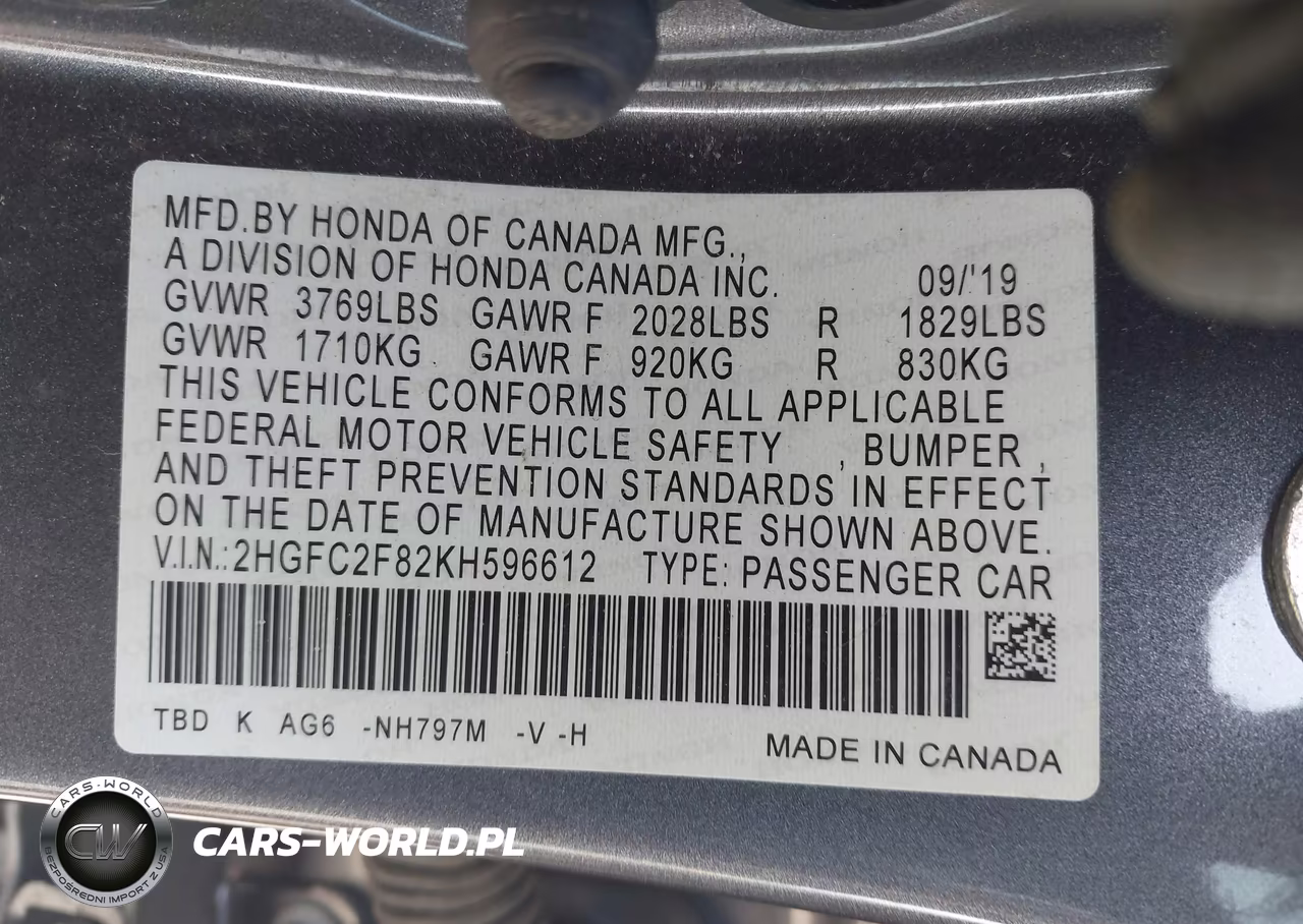 2019 Honda Civic Sport VIN:2HGFC2F82KH596612 - 9