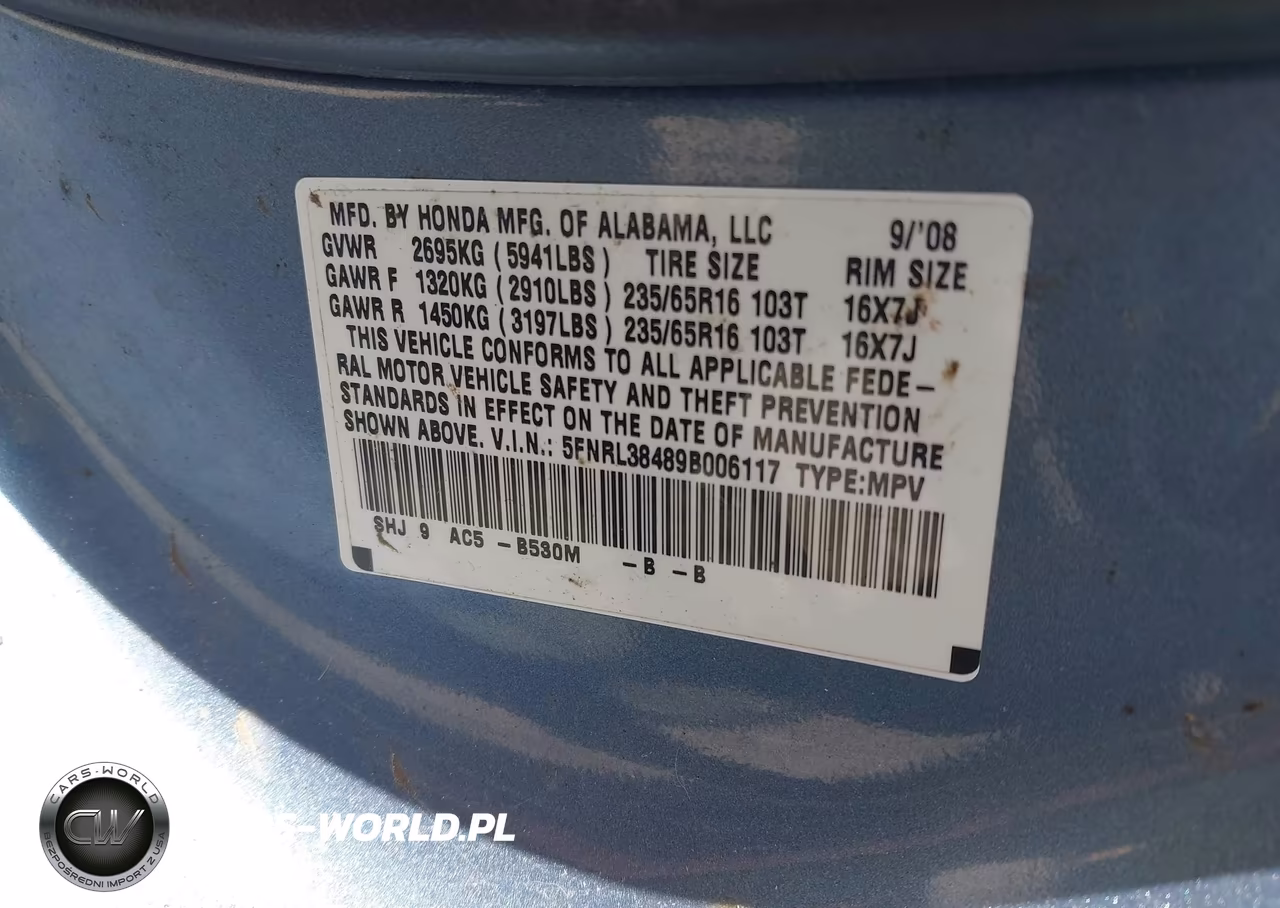 2009 Honda Odyssey Ex VIN:5FNRL38489B006117 - 9