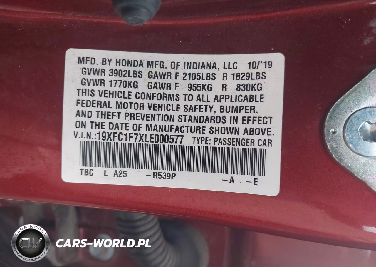 2020 Honda Civic Ex-L VIN:19XFC1F7XLE000577 - 9