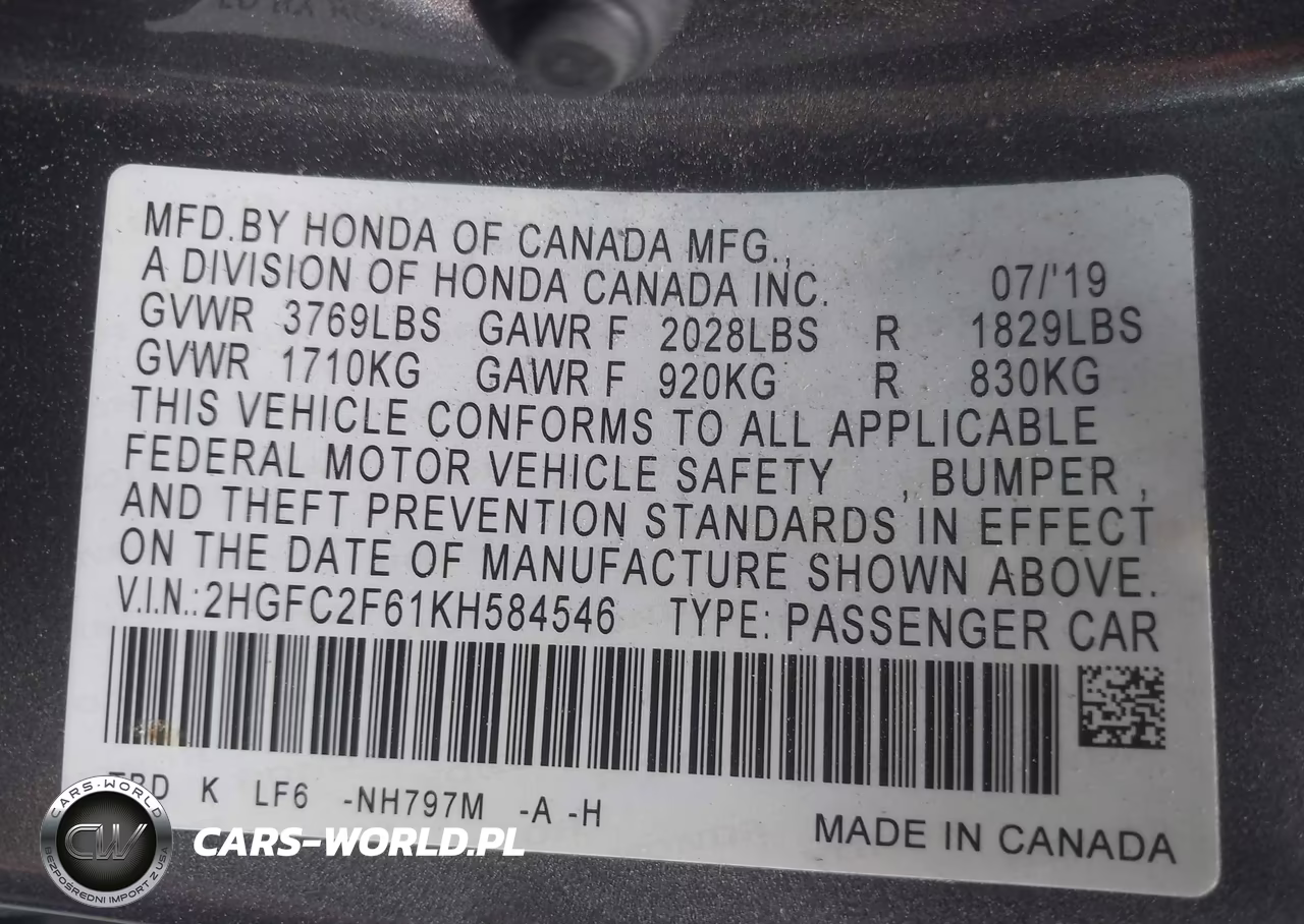 2019 Honda Civic Lx VIN:2HGFC2F61KH584546 - 9
