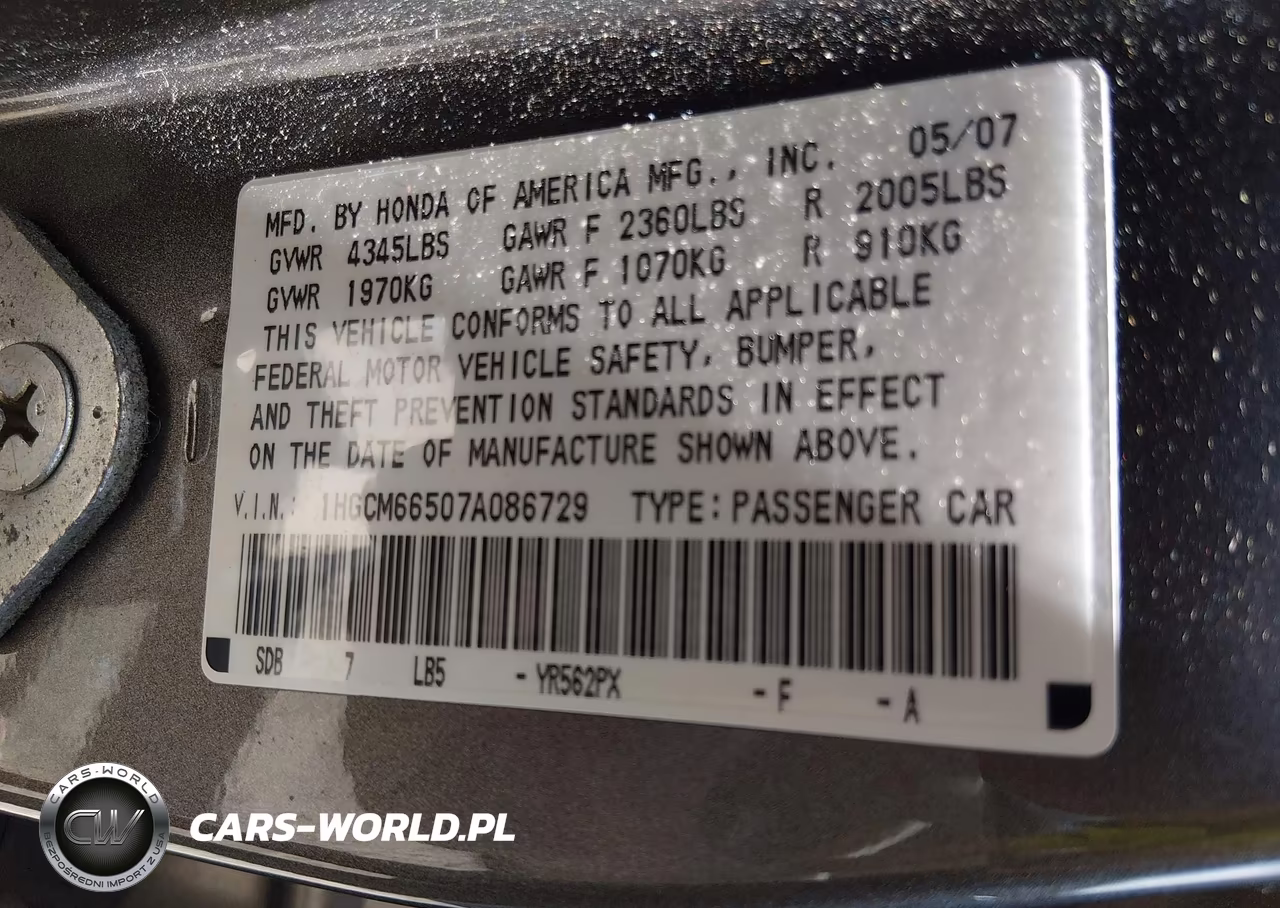 2007 Honda Accord 3.0 Ex VIN:1HGCM66507A086729 - 9