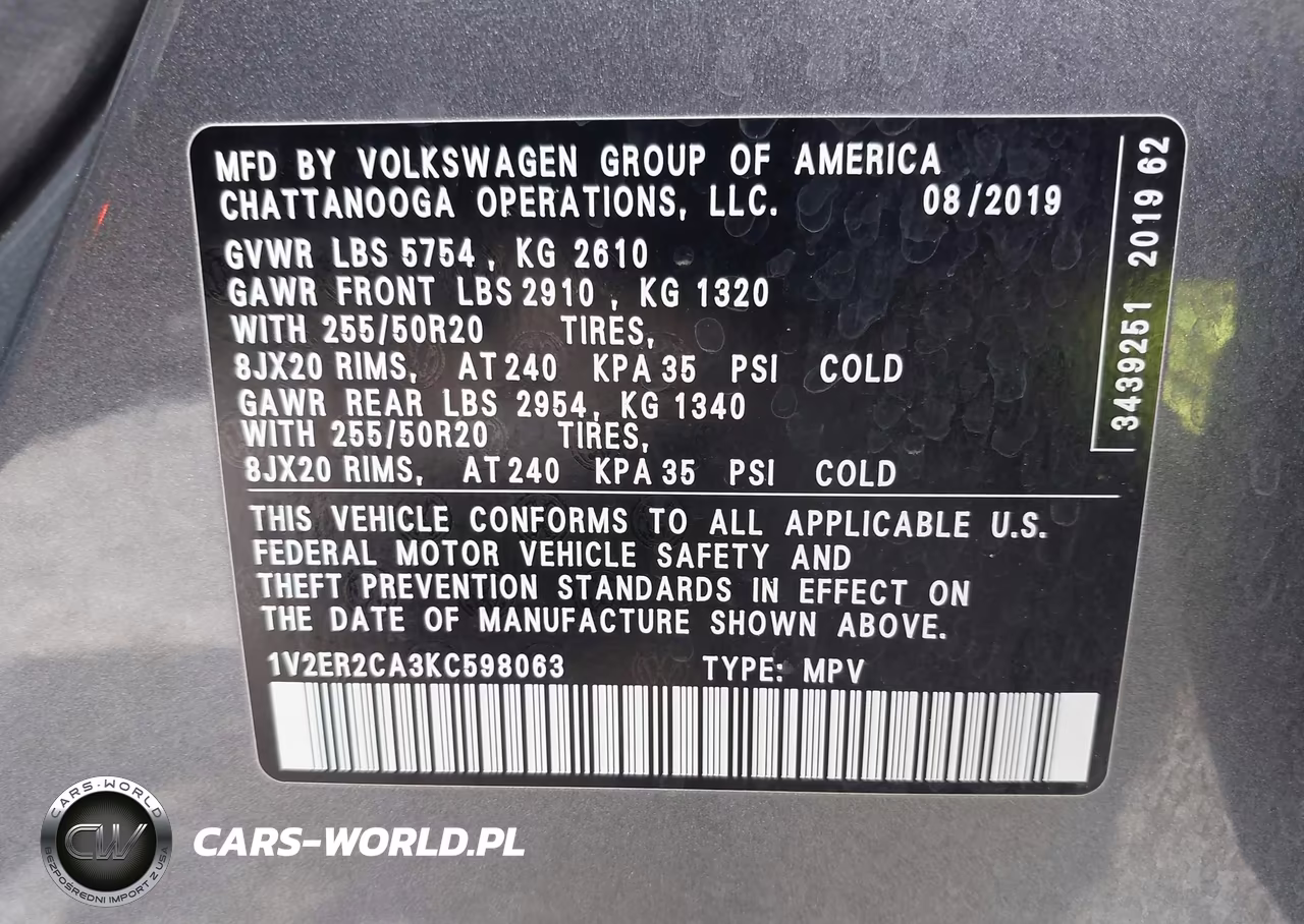 2019 Volkswagen Atlas 3.6L V6 Sel VIN:1V2ER2CA3KC598063 - 9
