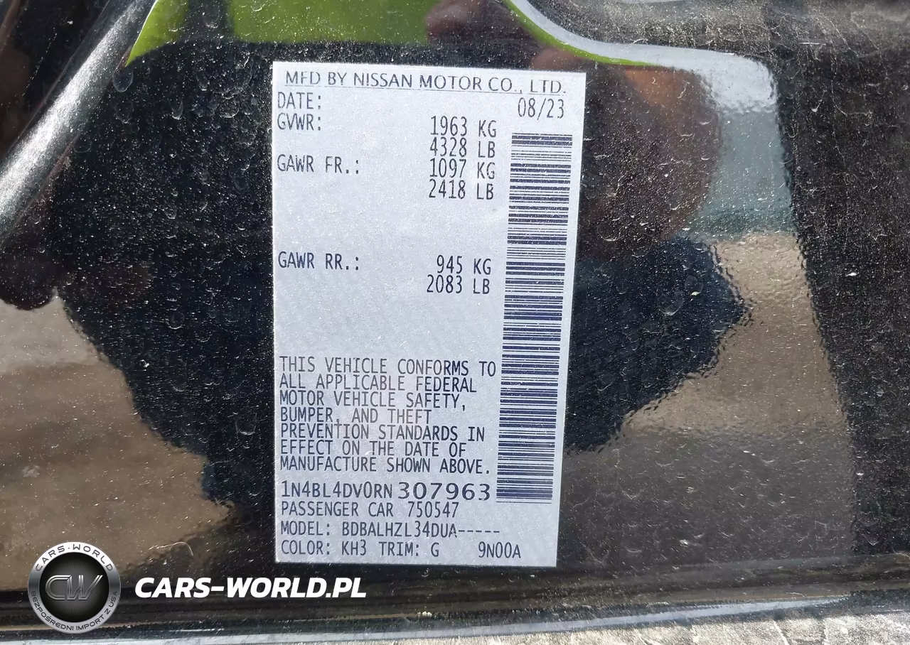 2024 Nissan Altima Sv Fwd VIN:1N4BL4DV0RN307963 - 9