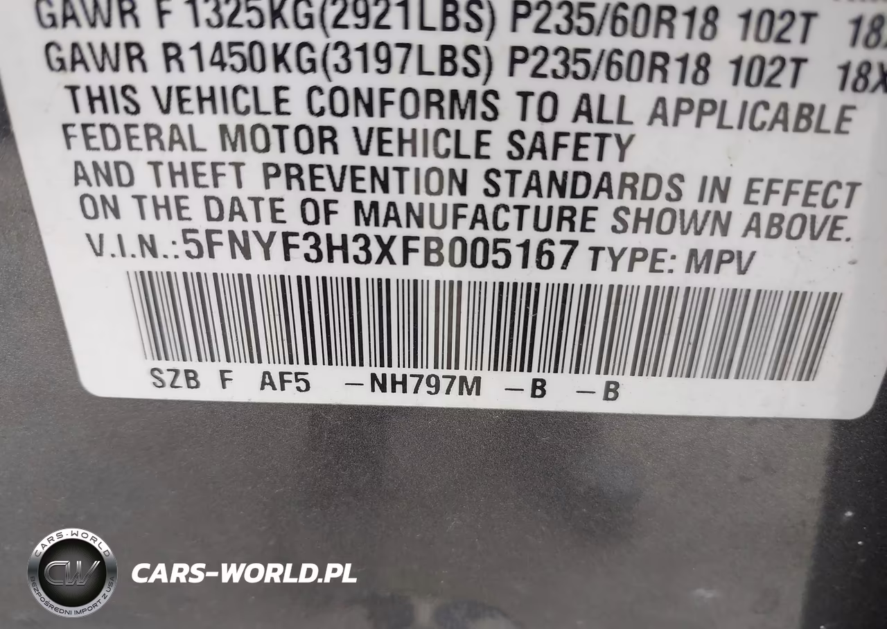 2015 Honda Pilot Se VIN:5FNYF3H3XFB005167 - 9