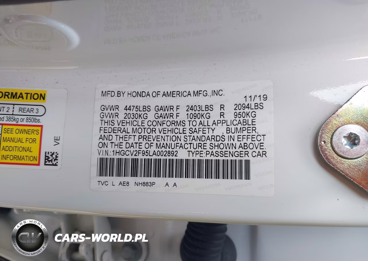 2020 Honda Accord Touring VIN:1HGCV2F95LA002892 - 9