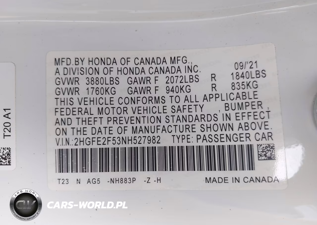 2022 Honda Civic Sport VIN:2HGFE2F53NH527982 - 9