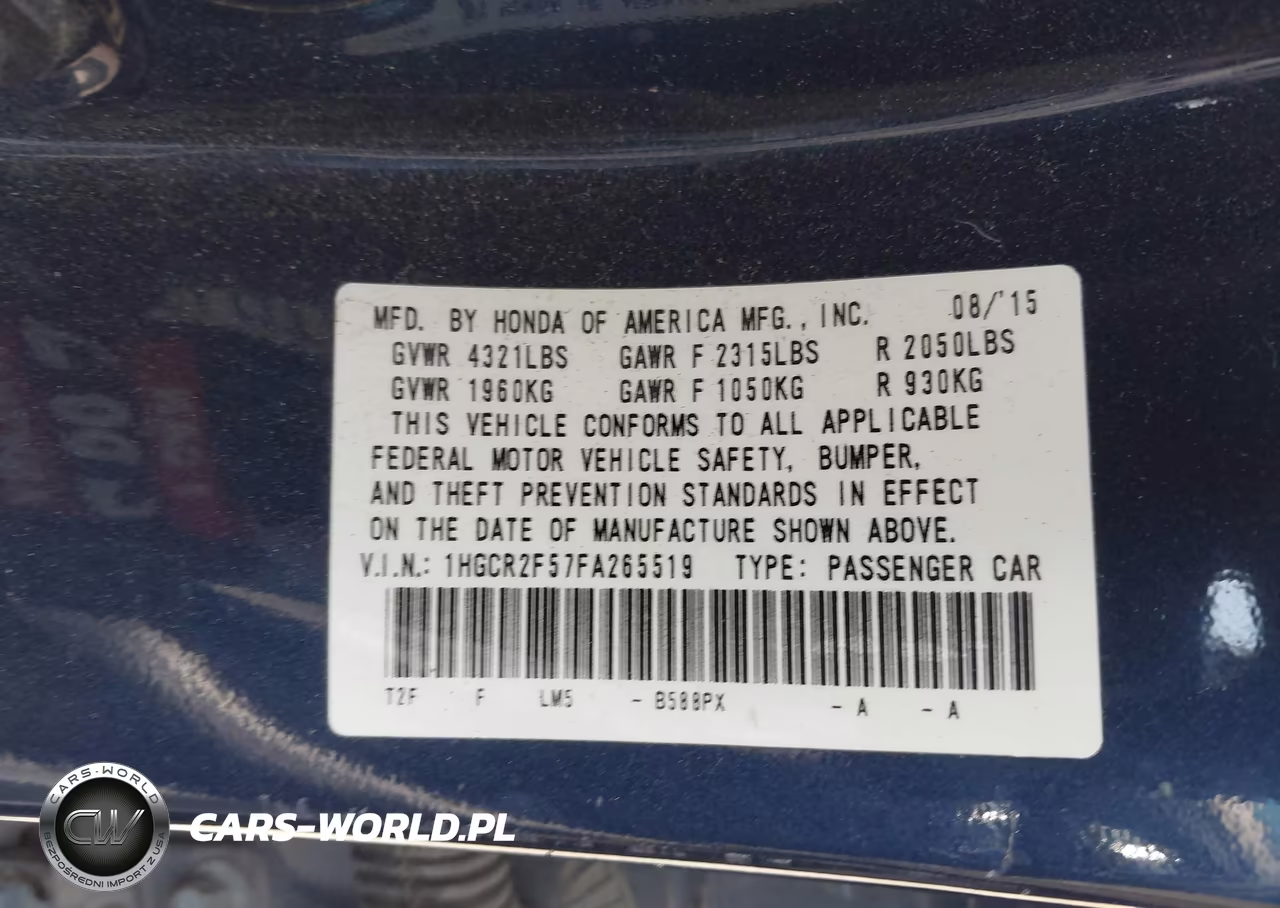 2015 Honda Accord Sport VIN:1HGCR2F57FA265519 - 9