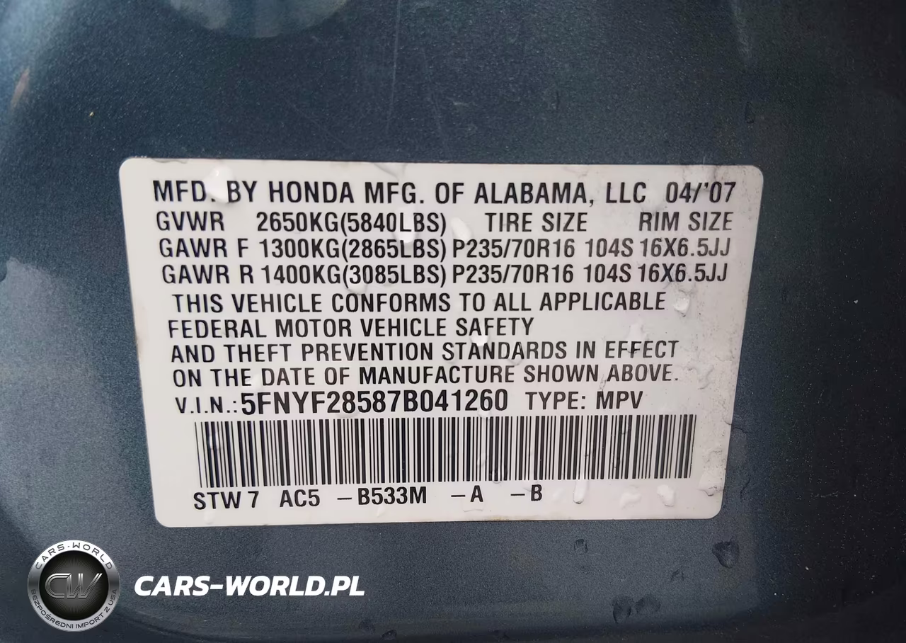 2007 Honda Pilot Ex-L VIN:5FNYF28587B041260 - 9