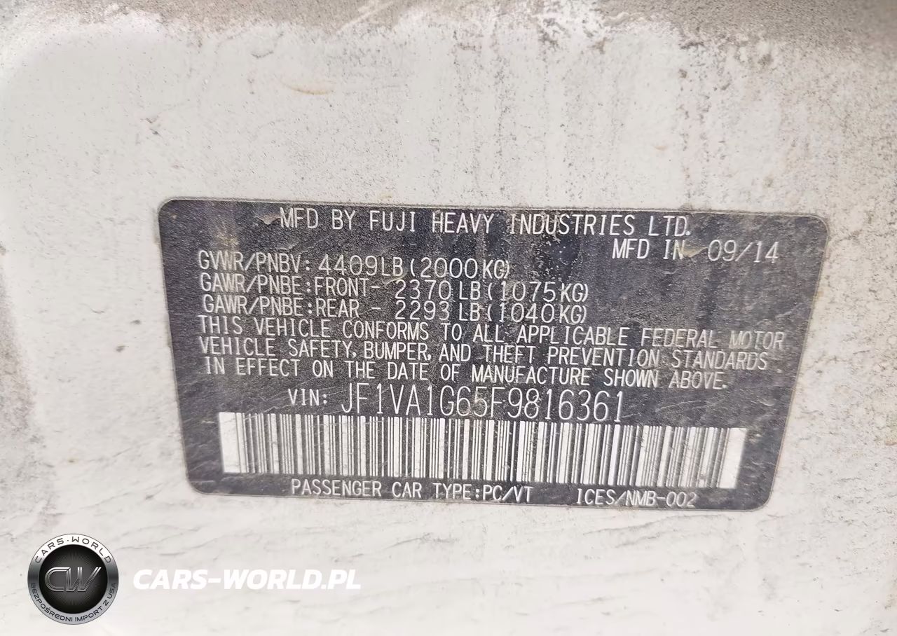 2015 Subaru Wrx Limited VIN:JF1VA1G65F9816361 - 9