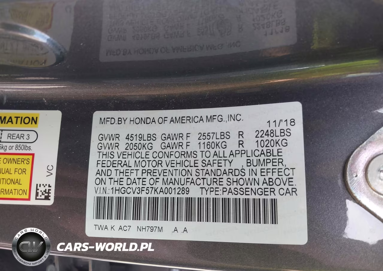 2019 Honda Accord Hybrid Ex-L VIN:1HGCV3F57KA001289 - 9