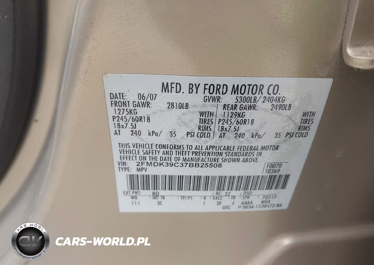 2007 Ford Edge Sel Plus VIN:2FMDK39C37BB25508 - 9