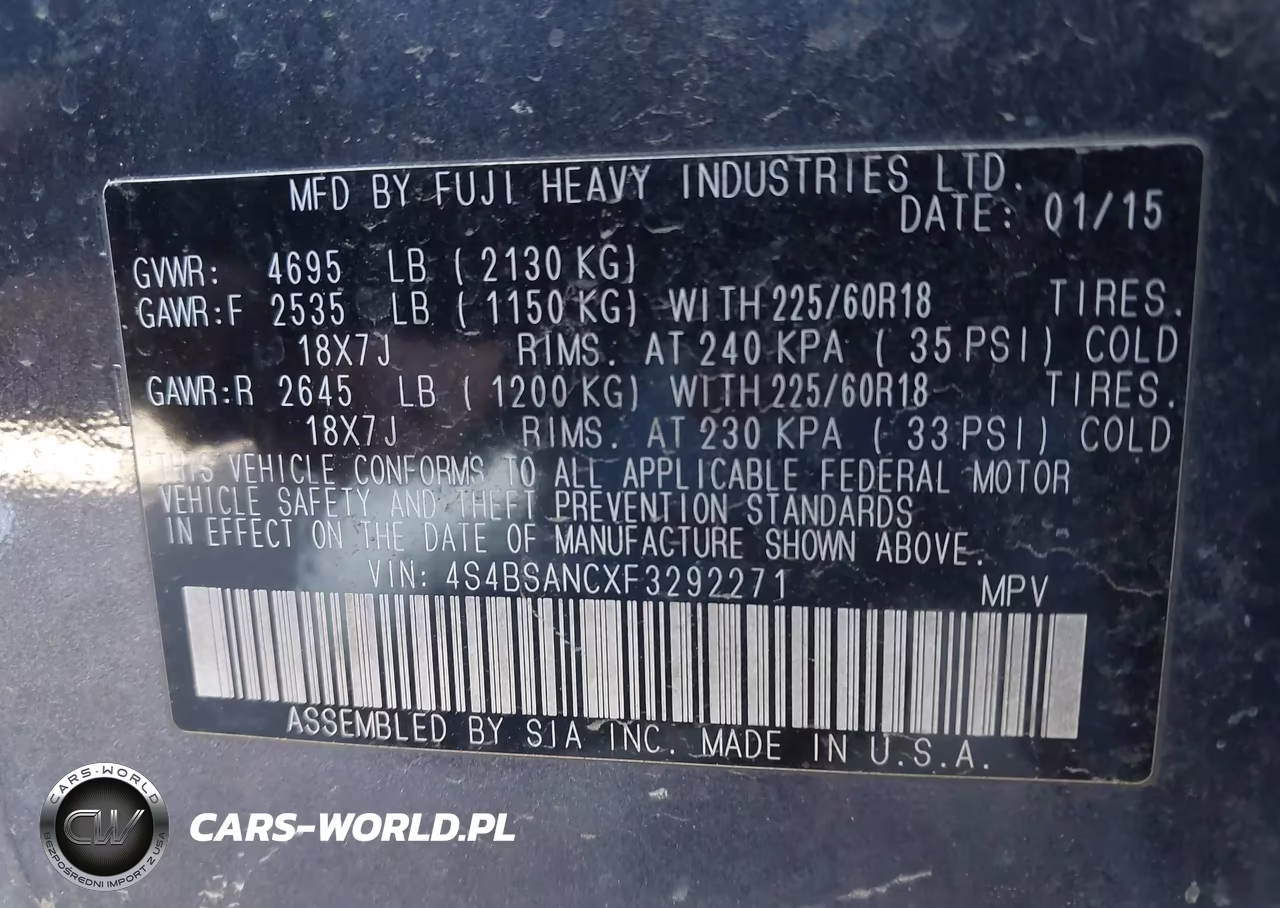 2015 Subaru Outback 2.5I Limited VIN:4S4BSANCXF3292271 - 9