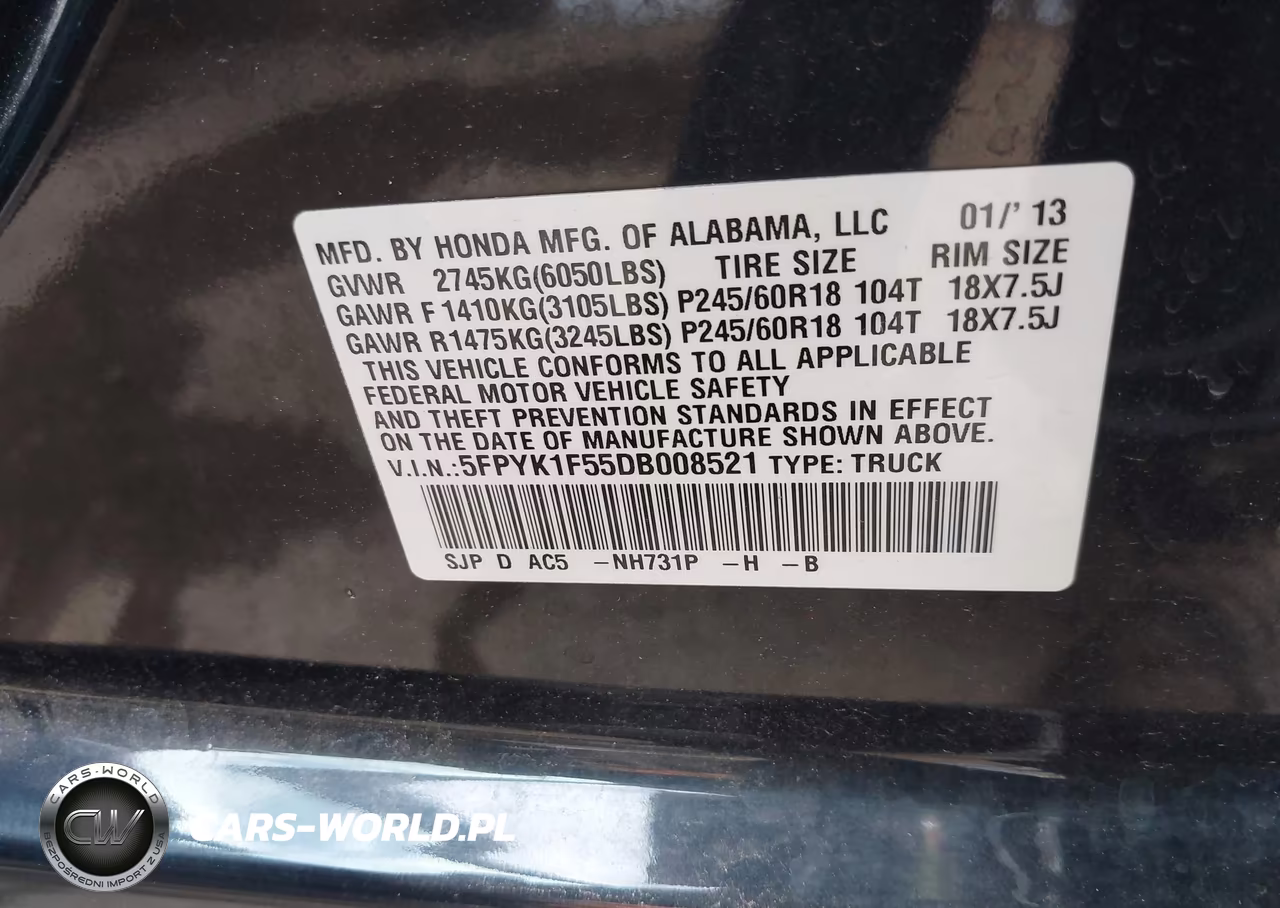 2013 Honda Ridgeline Rtl VIN:5FPYK1F55DB008521 - 9