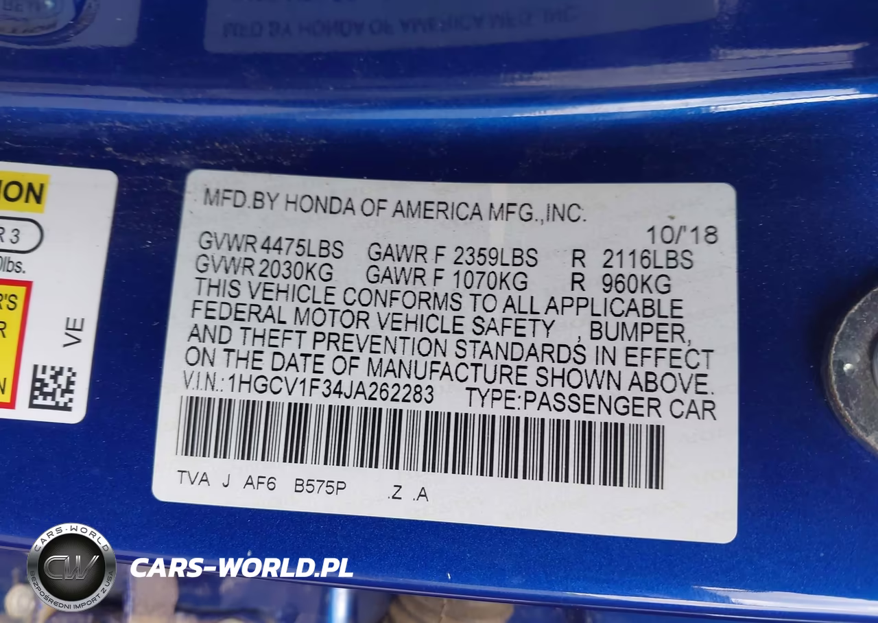 2018 Honda Accord Sport VIN:1HGCV1F34JA262283 - 9