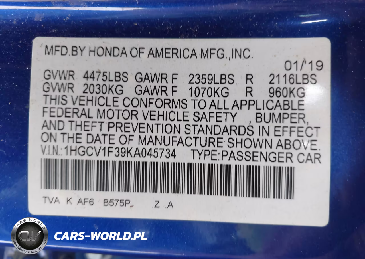 2019 Honda Accord Sport VIN:1HGCV1F39KA045734 - 9