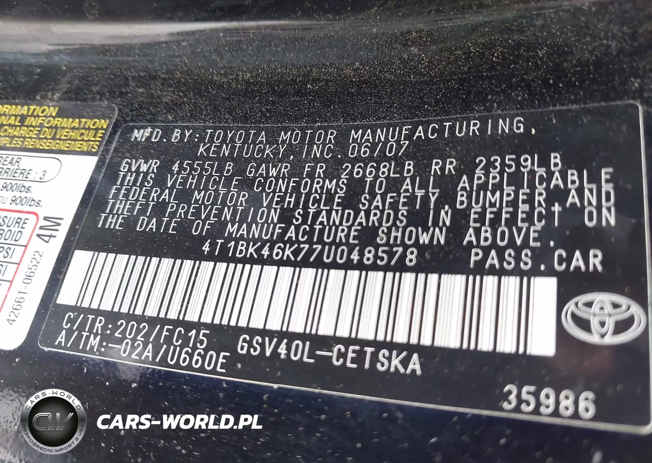 2007 Toyota Camry Se V6 VIN:4T1BK46K77U048578 - 9