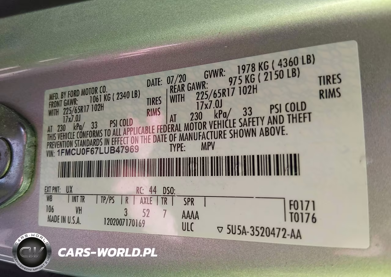 2020 Ford Escape S VIN:1FMCU0F67LUB47969 - 9