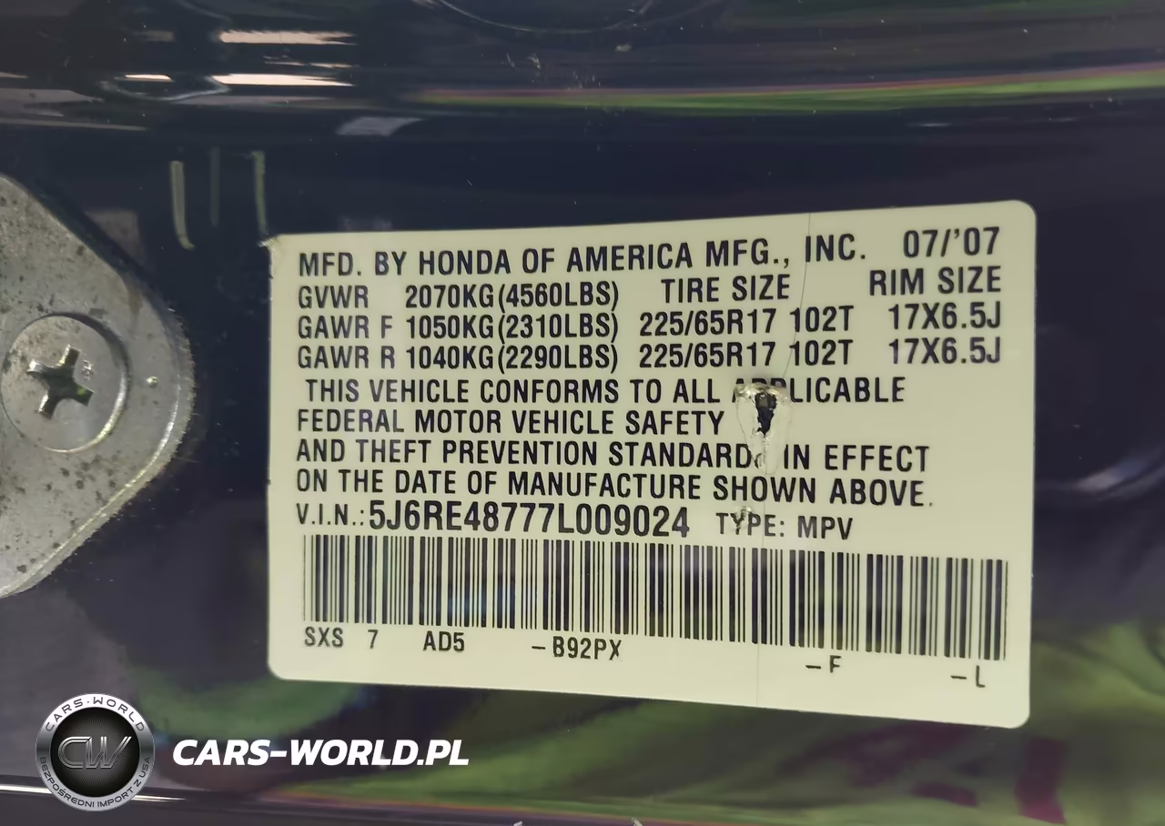 2007 Honda Cr-V Ex-L VIN:5J6RE48777L009024 - 9
