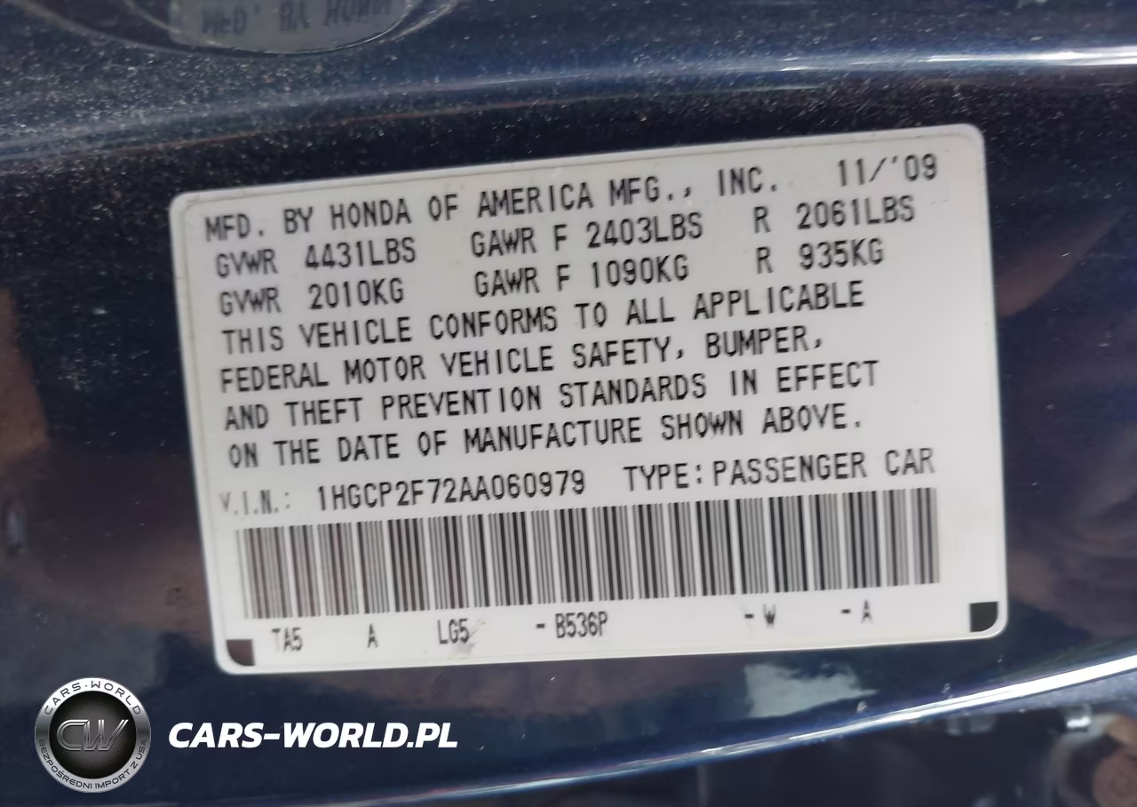 2010 Honda Accord 2.4 Ex VIN:1HGCP2F72AA060979 - 9