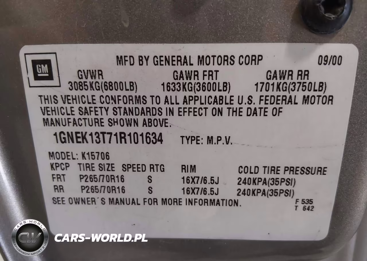 2001 Chevrolet Tahoe Ls VIN:1GNEK13T71R101634 - 9