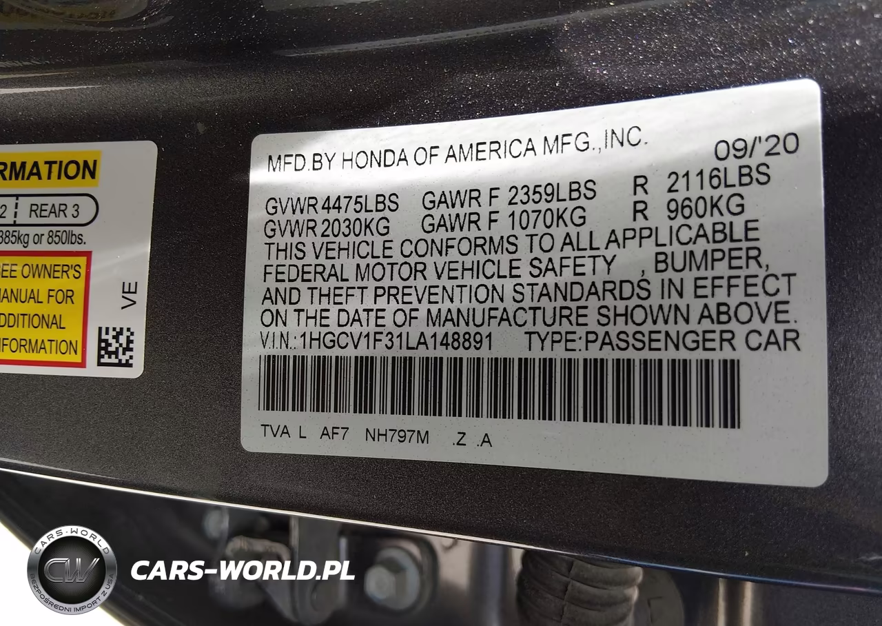 2020 Honda Accord Sport VIN:1HGCV1F31LA148891 - 9
