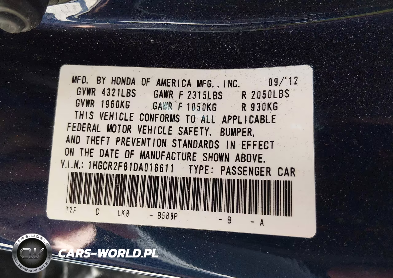 2013 Honda Accord Ex-L VIN:1HGCR2F81DA016611 - 9