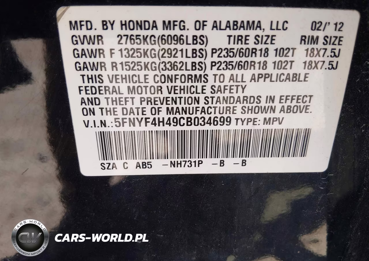 2012 Honda Pilot Ex VIN:5FNYF4H49CB034699 - 9