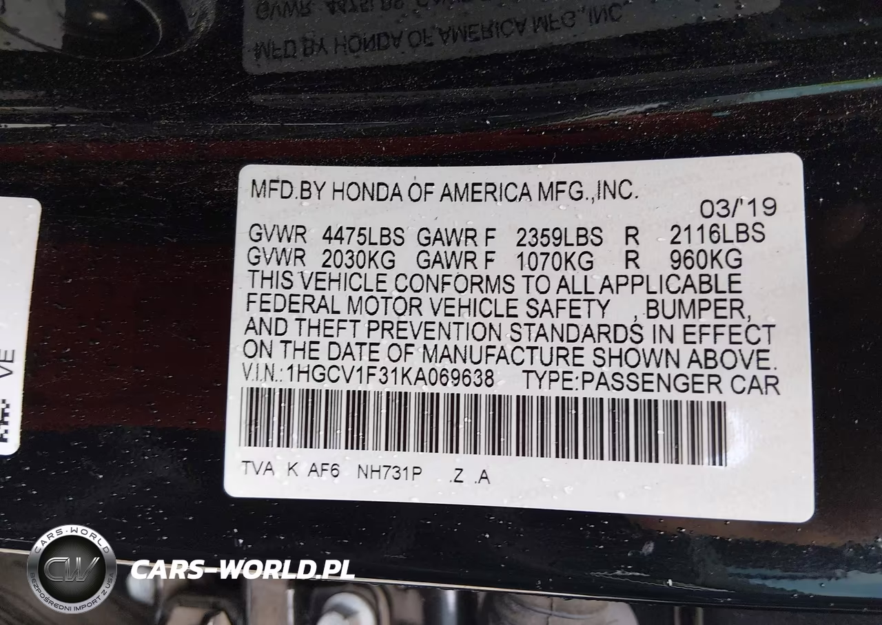 2019 Honda Accord Sport VIN:1HGCV1F31KA069638 - 9