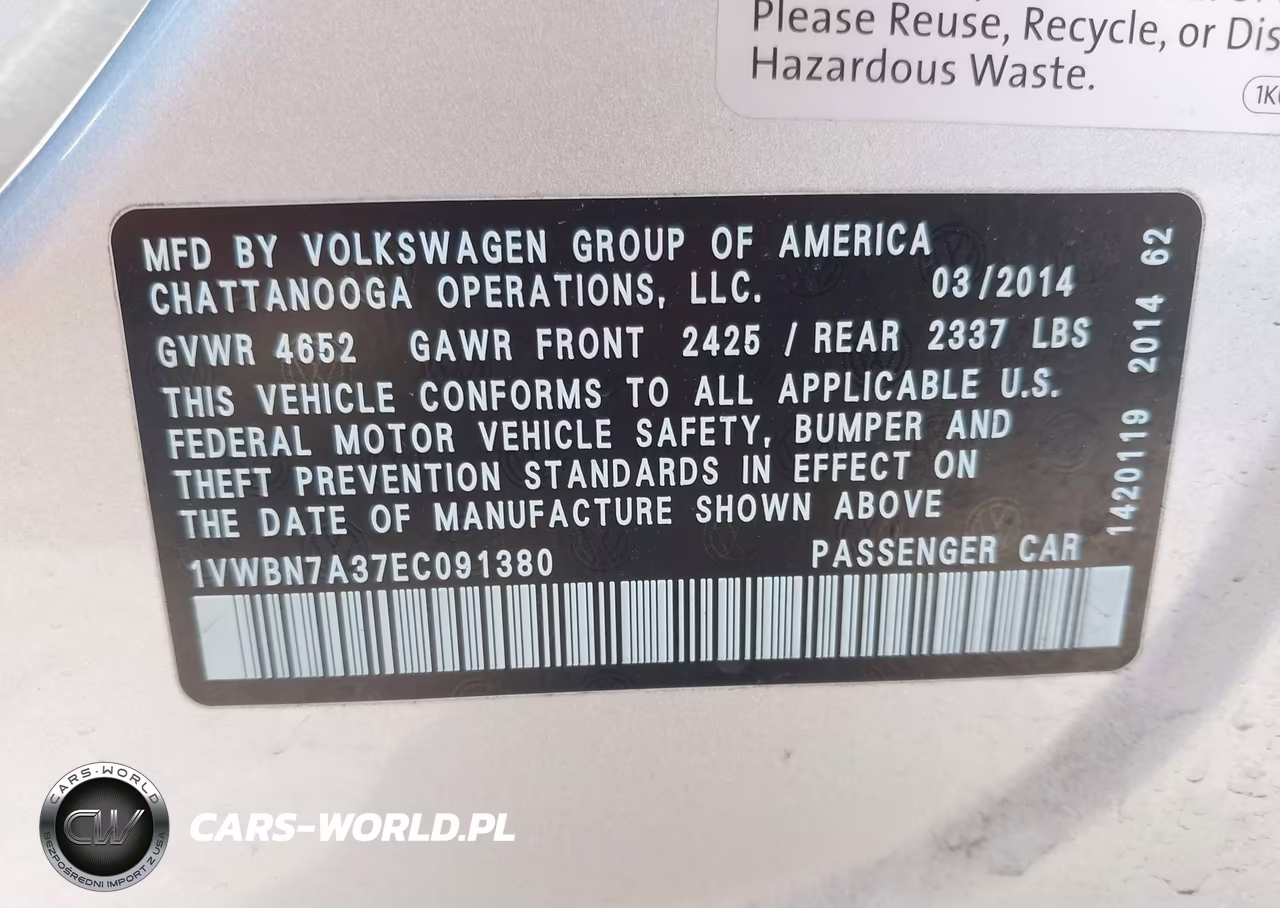 2014 Volkswagen Passat 2.0L Tdi Se VIN:1VWBN7A37EC091380 - 9