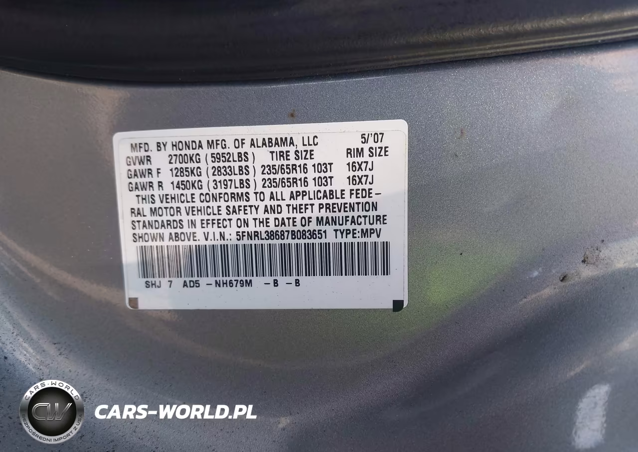 2007 Honda Odyssey Ex-L VIN:5FNRL38687B083651 - 9