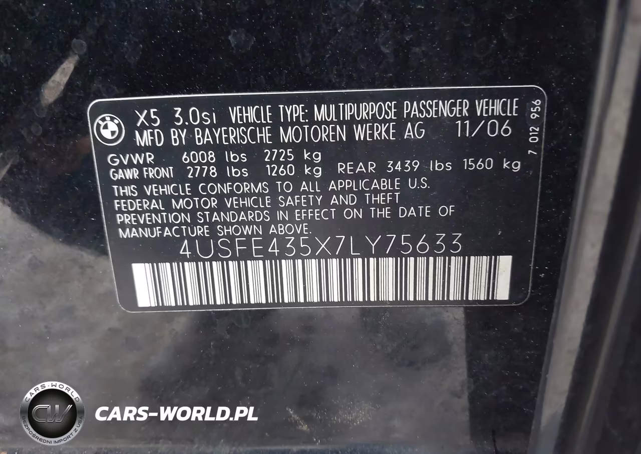 2007 BMW X5 3.0Si VIN:4USFE435X7LY75633 - 9