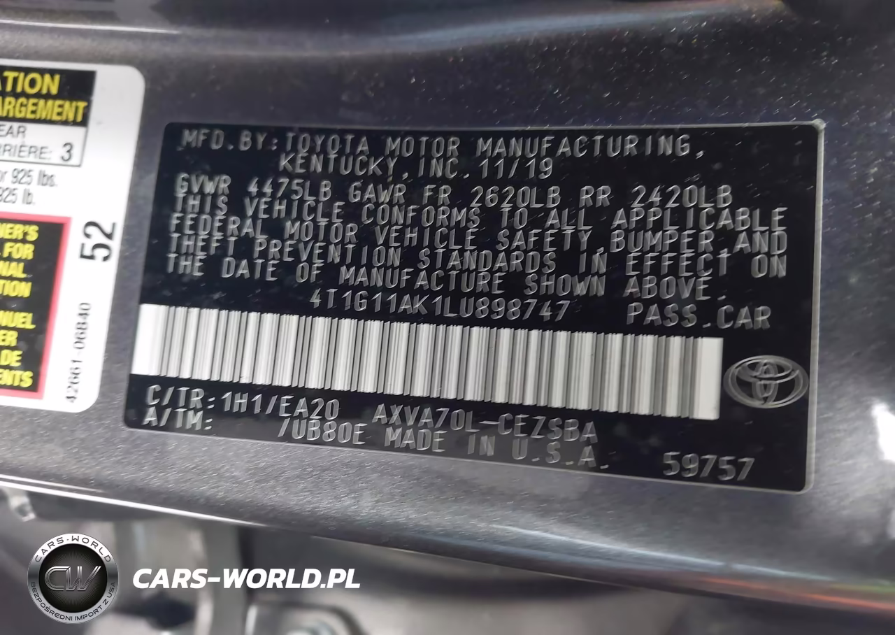 2020 Toyota Camry Se VIN:4T1G11AK1LU898747 - 9