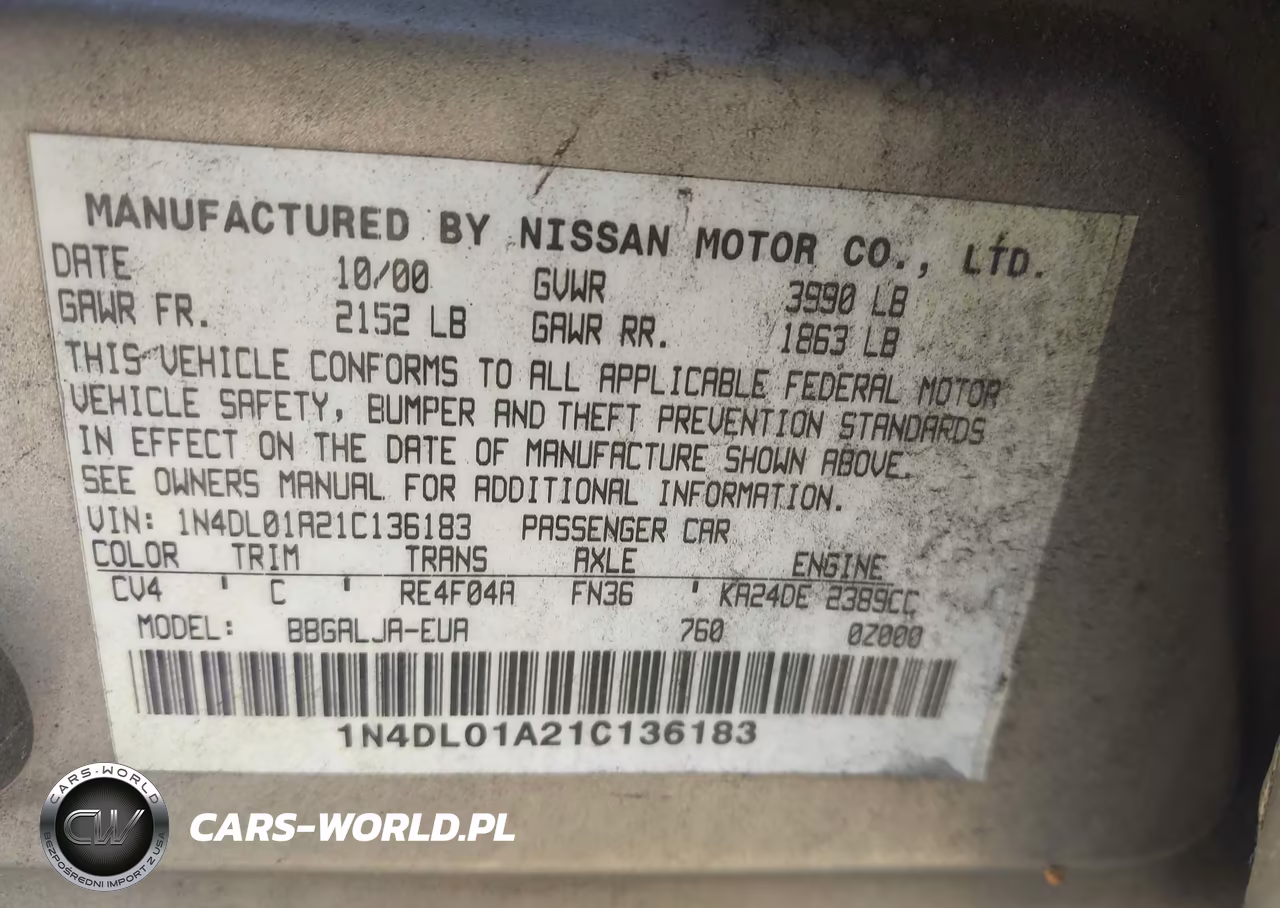 2001 Nissan Altima Gle VIN:1N4DL01A21C136183 - 9