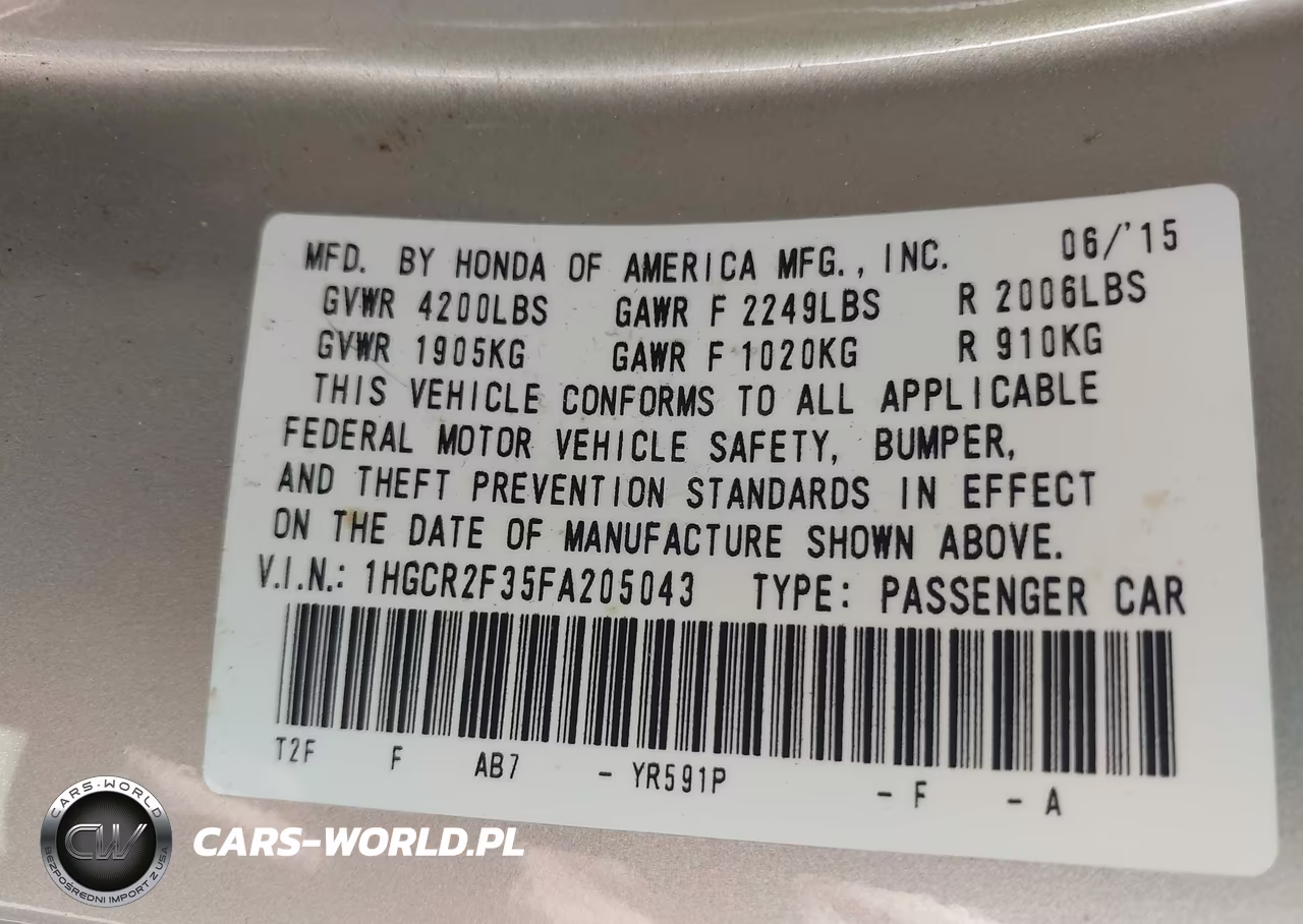 2015 Honda Accord Lx VIN:1HGCR2F35FA205043 - 9
