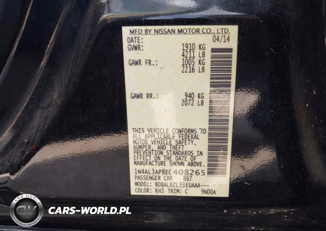 2014 Nissan Altima 2.5-2.5 S-2.5 Sl-2.5 Sv VIN:1N4AL3AP8EC408265 - 3