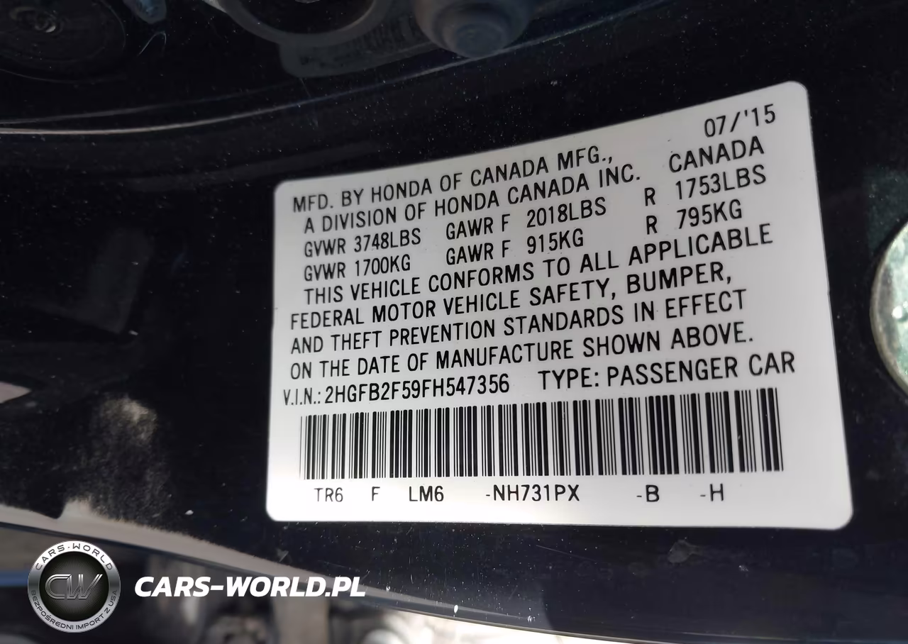 2015 Honda Civic Lx VIN:2HGFB2F59FH547356 - 9