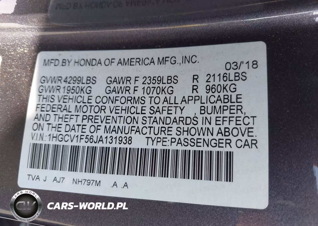 2018 Honda Accord Ex-L VIN:1HGCV1F56JA131938 - 9