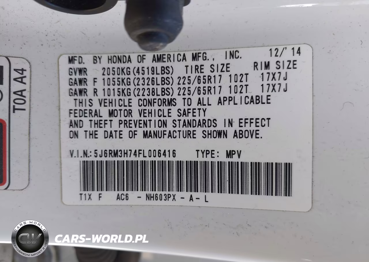 2015 Honda Cr-V Ex-L VIN:5J6RM3H74FL006416 - 9