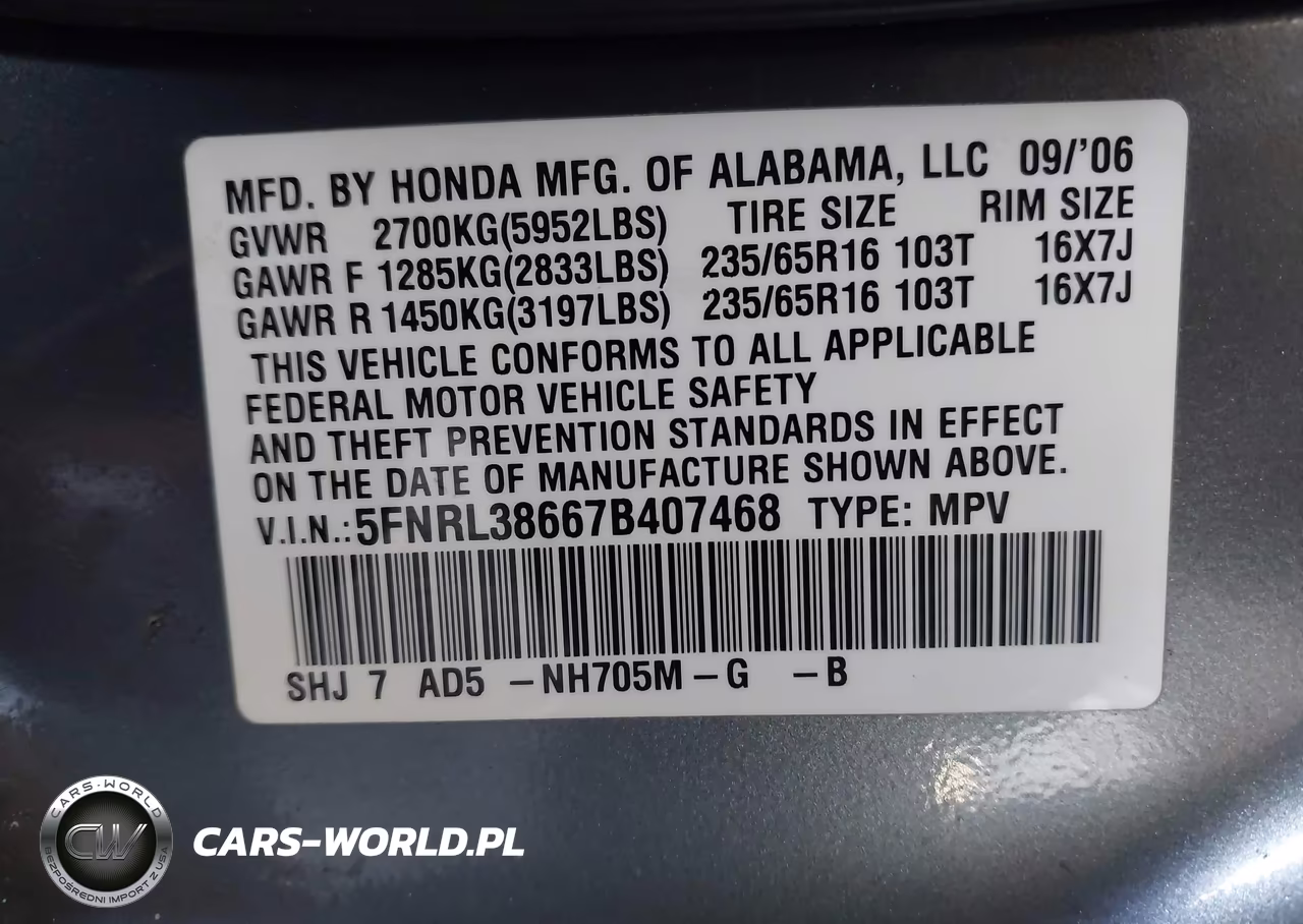 2007 Honda Odyssey Ex-L VIN:5FNRL38667B407468 - 9