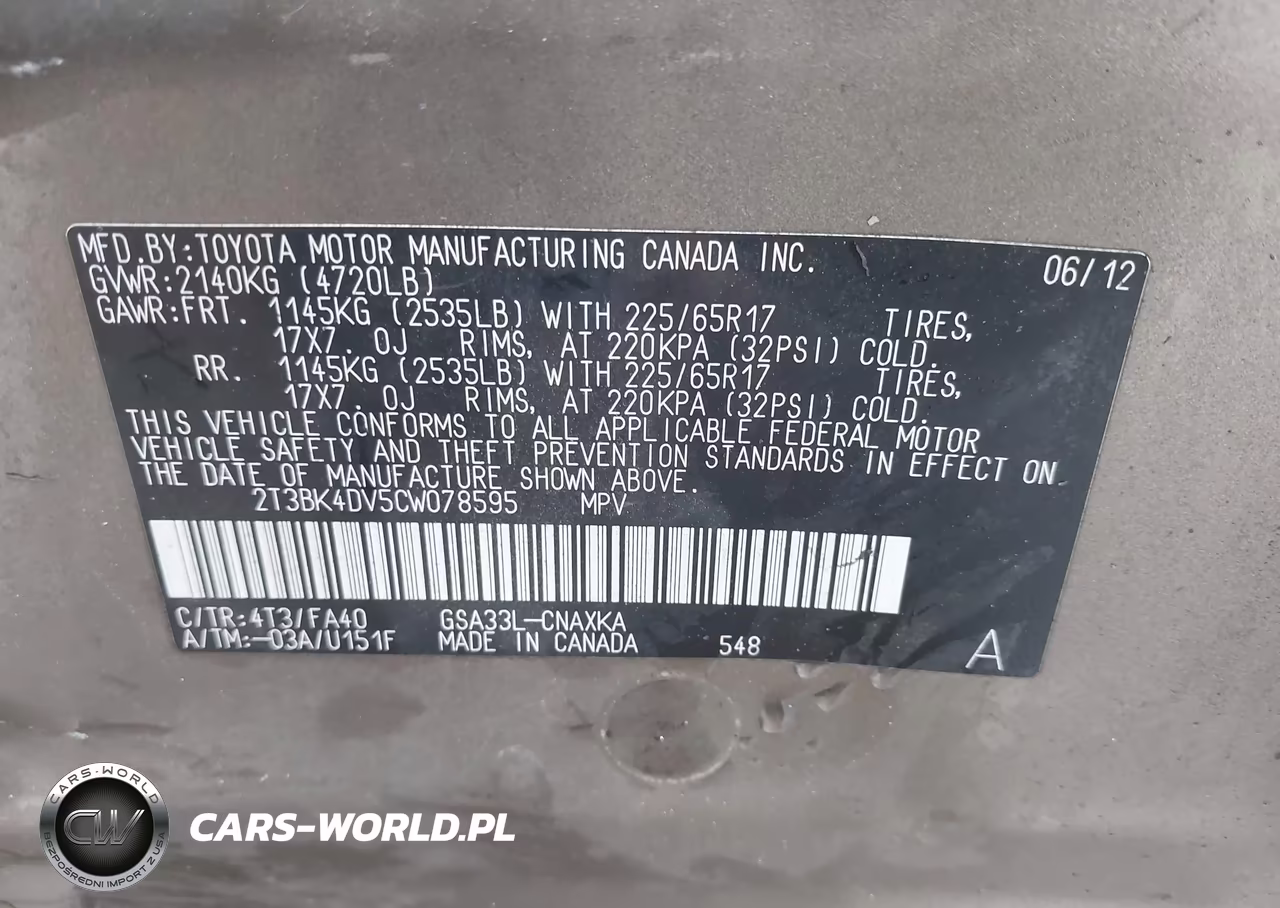 2012 Toyota Rav4 Base V6 VIN:2T3BK4DV5CW078595 - 9