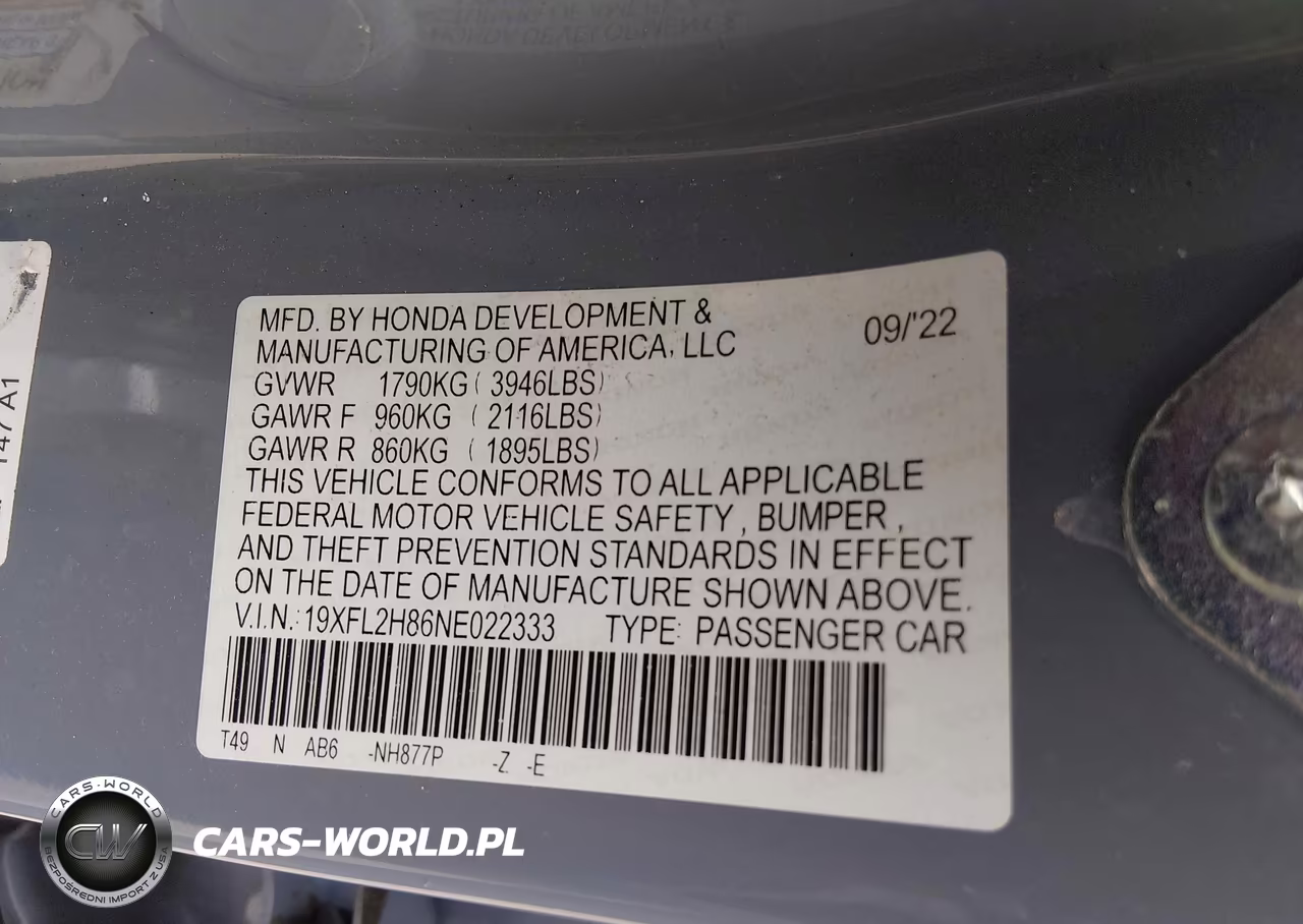 2022 Honda Civic Sport VIN:19XFL2H86NE022333 - 9