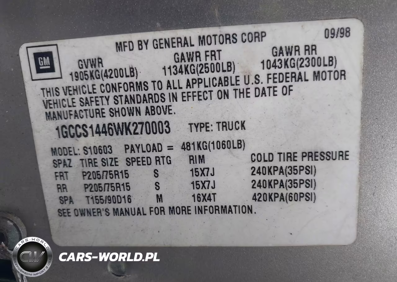 1998 Chevrolet S-10 Ls Fleetside VIN:1GCCS1446WK270003 - 9