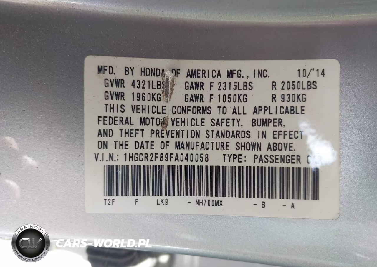 2015 Honda Accord Ex-L VIN:1HGCR2F89FA040058 - 9