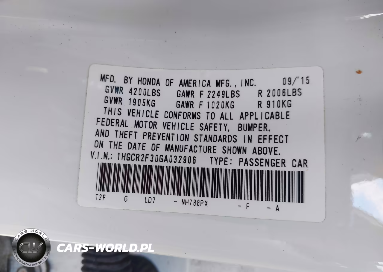 2016 Honda Accord Lx VIN:1HGCR2F30GA032906 - 9